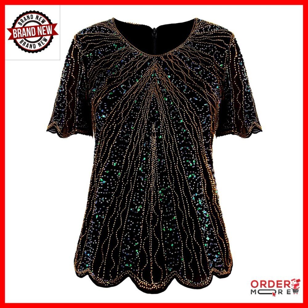 Vintage Beaded Sequin Blouse Tunic Scalloped Hem Evening Top